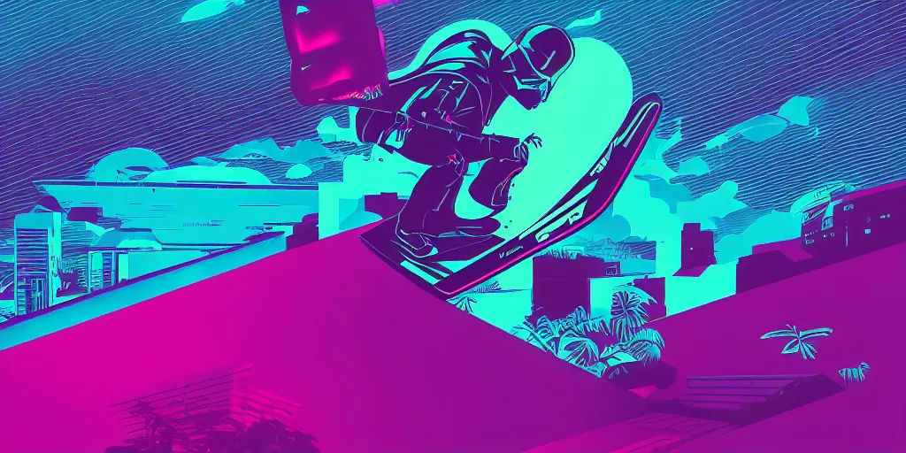 Image similar to vaporwave, vector graphics, synthwave, neon, darth vader snowboarding