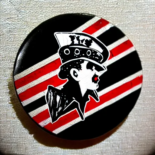 Prompt: painting on a badge!!!!, punks not dead!, exploited!!, clash, junk yard, rats!!, god save the queen!!!, punk rock album cover art style, grunge, no future!!!!, glitch effect