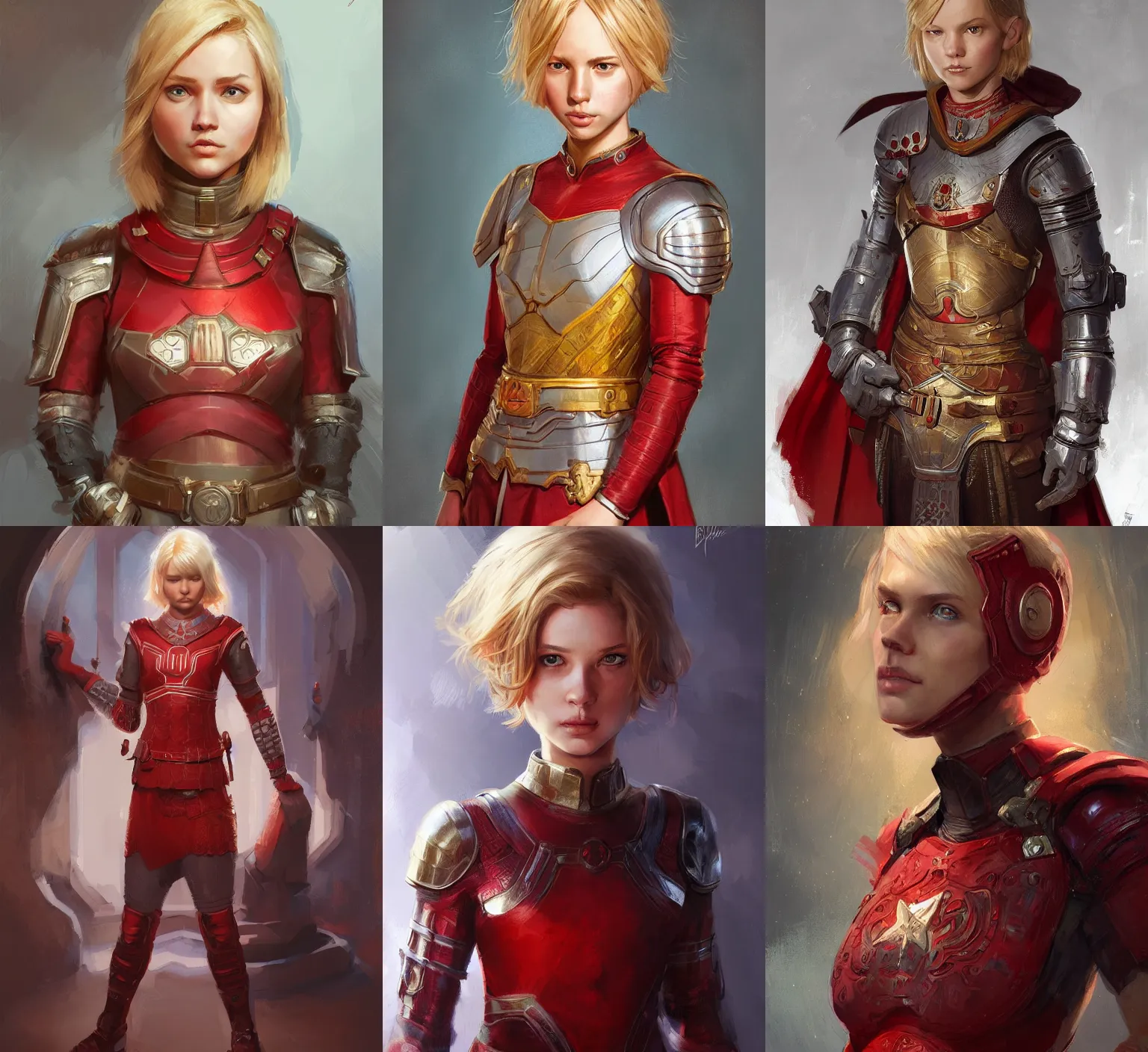 Prompt: portrait young girl, short blond hair, red medieval tunic, marvel comics, intricate, highly detailed, artstation, aleksi briclot, mandy jurgens, rutkowski