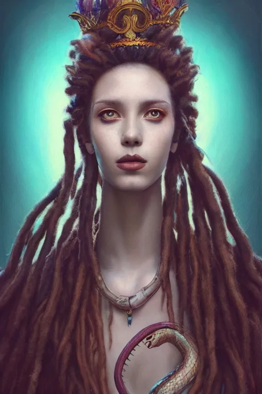 Image similar to portrait of an king queen with dreads snake hair, straight on portrait, by artgerm, tom bagshaw, gerald brom, vaporwave colors, lo fi colors, vaporwave, lo fi, 2 point studio lighting, dramatic lighting, 4 k, hd,