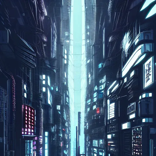 Image similar to Fully dark cyberpunk city with one building in the middle with only one window shining in style of Tsutomu Nihei. ArtStation, Cyberpunk, Vertical Symmetry, 8K, Highly Detailed, Intricate, Album Art.