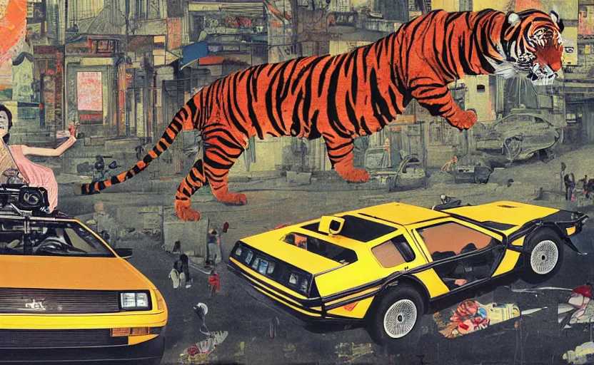 Image similar to a red delorean and a yellow tiger in ajegunle slum of lagos - nigeria, painting by hsiao - ron cheng, utagawa kunisada & salvador dali, magazine collage style,