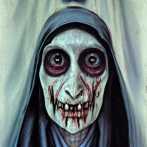 Prompt: detailed details photorealistic undead nun in silent hill in the style of bob peak and alex ross, gouache and wash paints color, detailed details facial and body and human and environments and proportionate, detailed 5 k details.