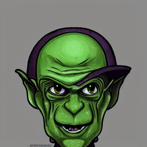 Image similar to a cartoonishly evil goblin, supervillain, top hat and luxurious moustache, green skin, cartoon style, d & d character portrait, victorian clothing, digital art, 8 k,