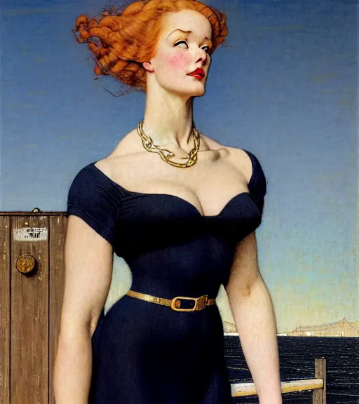 Image similar to a fancy beautiful young lady standing on a wharf at the edge of the sea by brom and gil elvgren and jean delville and william blake and norman rockwell and michael whelan, crisp details, hyperrealism, high detail, high contrast, feminine features, stylish navy blue heels, gold chain belt, cream colored blouse