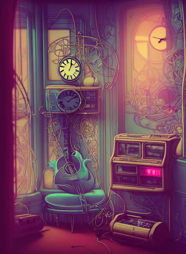 Image similar to telephoto 7 0 mm f / 2. 8 iso 2 0 0 photograph depicting the feeling of chrysalism in a cosy safe cluttered french sci - fi art nouveau cyberpunk apartment in a pastel dreamstate art cinema style. ( electric guitar ) ( ( fish tank ) ) ( ( ( clock ) ) ), ambient light.