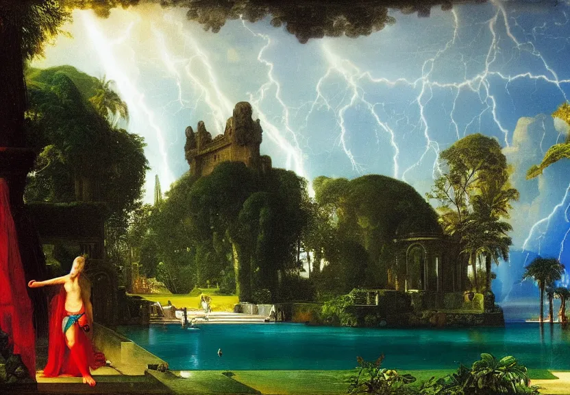 Image similar to Palace of the chalice, refracted sparkles, thunderstorm, greek pool, beach and Tropical vegetation on the background major arcana sky, by paul delaroche, hyperrealistic 4k uhd, award-winning, very very very detailed