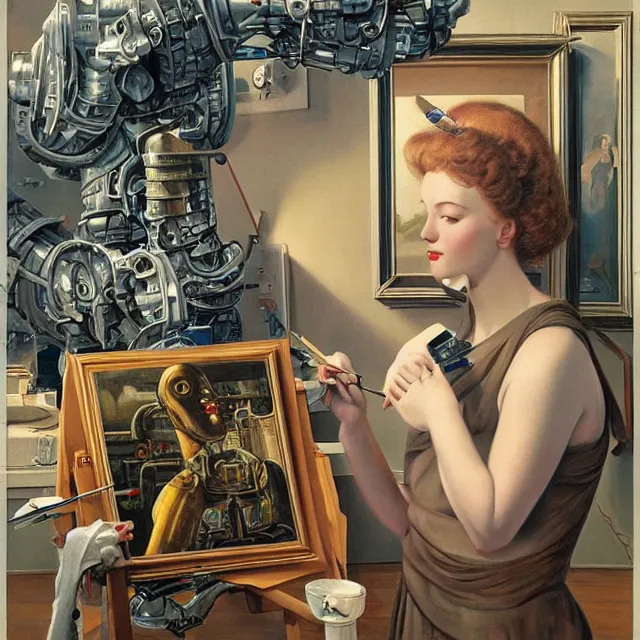 Image similar to robot artist painting a self - portrait on a canvas. intricate, highly detailed, digital matte painting in the style of alberto vargas and in the style of bob eggleton. irony, recursion, inspiration.