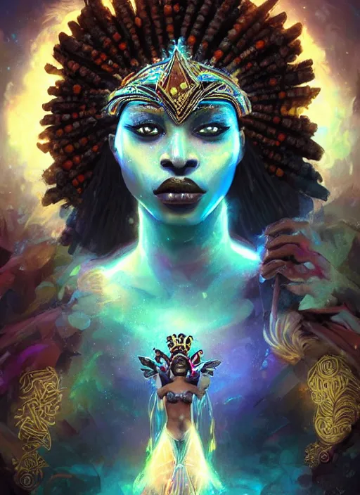 Image similar to beautiful black woman casting magical spells with powerful crystals, voodoo tribal mask headdress and kemetic imagery, digital painting artstation, concept art, matte, sharp focus, illustration, dramatic exploding nebulae, hearthstone, art by artgerm and greg rutkowski and alphonse mucha