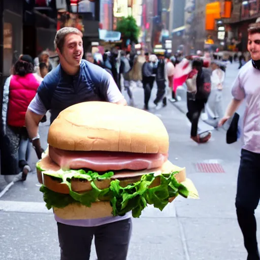 Prompt: photo, a giant massive sentient ham sandwich chasing a man down the streets of new york city