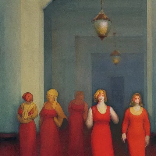 Image similar to procession of red and gold women in a soviet abandoned temple, dripping watercolor by hammershøi, highly detailed, art nouveau wallpaper, lights by edward hopper, liminal, eerie, pastel colors, limited palette