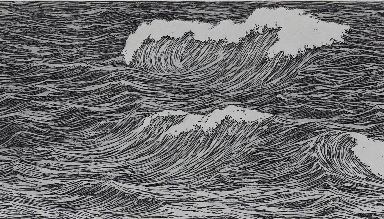 Image similar to huge waves far out at sea drawing by Moebius, minimalist, detailed, black and white drawing