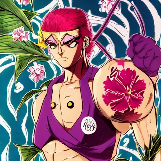 Prompt: hibiscus boxer, punching, jojo cover art, jojo anime style, david production, style of vento aureo cover art, style of stone ocean cover art, style of steel ball run cover art, style of jojolion cover art, ilya kuvshinov style, illustrated by hirohiko araki