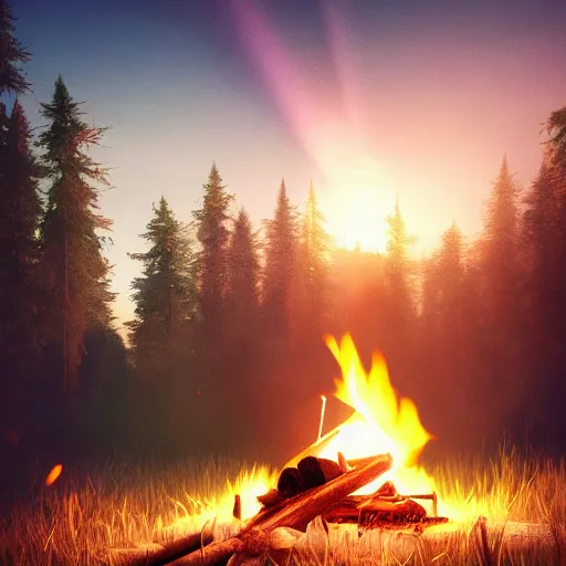 Image similar to a campfire in a surreal world, 8k resolution concept art hyperdetailed trending on Artstation Unreal Engine ominous photorealistic sunshine rays colourful beautiful bokeh ambient occlusion, dynamic lighting, stunning visuals, creative, concept art, trending on art station, ultra detailed