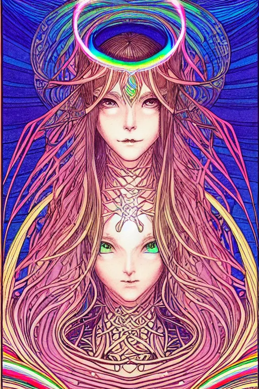 Image similar to illustration of a female elf goddess, prismatic healing waves emanate all around in a healing spring, rainbows, intricate linework, in the style of moebius, ayami kojima, 1 9 9 0's anime, retro fantasy