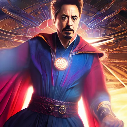 Prompt: Robert Downey Jr is Dr Strange, hyperdetailed, artstation, cgsociety, 8k