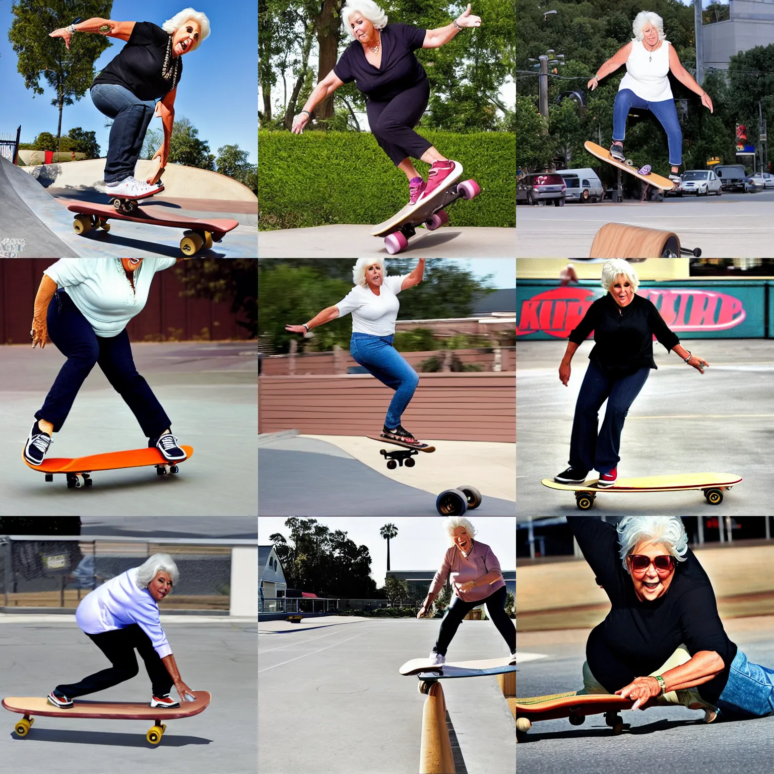 Prompt: Paula Deen doing a kickflip off her skateboard, sports photography, realistic, photo, picture, TMZ