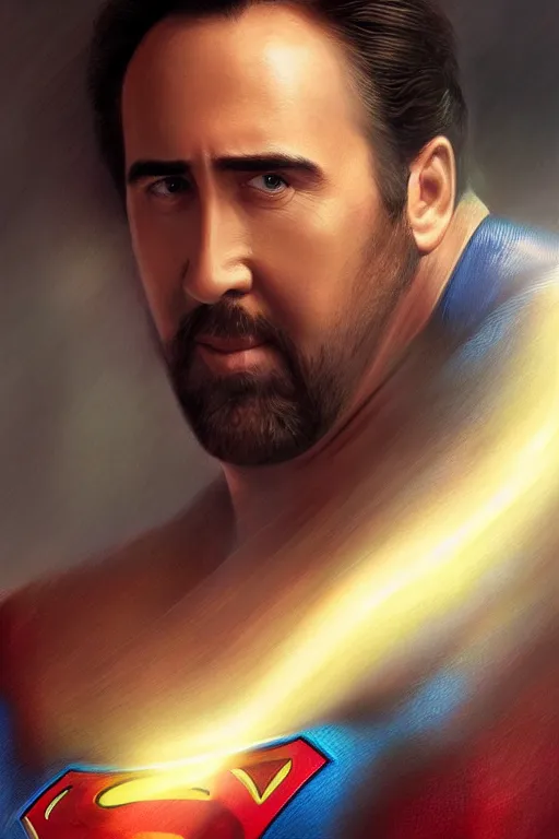 Prompt: Prtrait of Nicolas Cage as superman cinematic lighting, intricate, elegant, highly detailed, digital painting, artstation, painted by Artgerm and Mark Waid and Greg Rutkowski