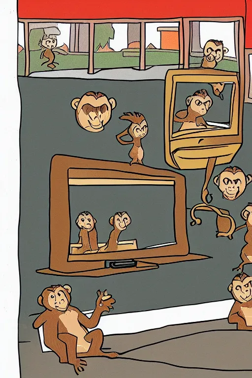 Prompt: illustration of monkeys watching tv by pendleton ward