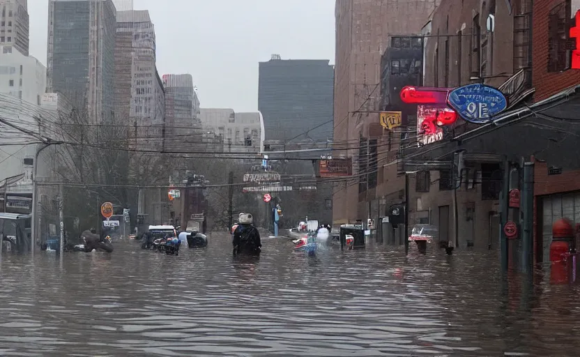 Image similar to the city of philadelphia flooded by 1 0 feet of water and under attack by demons from the pits of hell