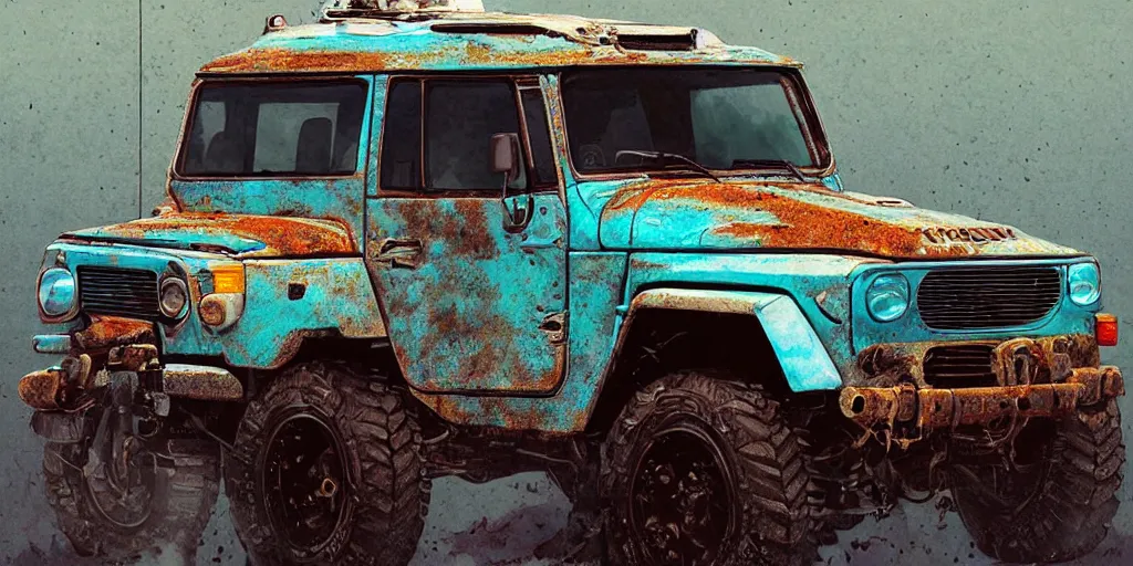 Image similar to digital illustration of a futuristic faded cyan mad max's fj 4 0 decrepit!!!! pursuit special, rusty!!! cyberpunk nissan fj cruiser heavily modded 1 9 9 0 s, the last v 8 interceptor by makoto shinkai, ilya kuvshinov, lois van baarle, rossdraws, basquiat