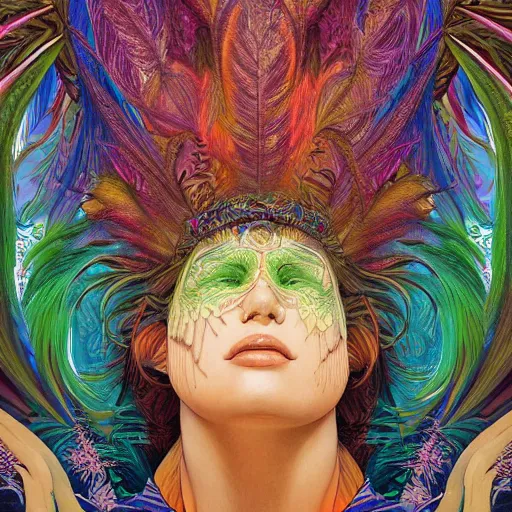 Image similar to A reality bending psychedelic ayahuasca experience, colorful, distorted, surreal, tropical bird feathers, dramatic lighting on the face, intricate, elegant, highly detailed, digital painting, concept art, smooth, sharp focus, illustration, art by Krenz Cushart and Wayne Barlowe and alphonse mucha