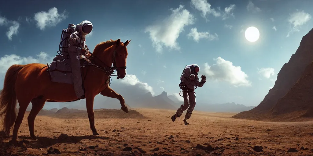 Image similar to american astronaut, riding a horse in socotra island, plants environment, wide angle, cinematic lighting, atmospheric, realistic, octane render, highly detailed, color graded, in the style of craig mullins