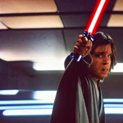 Prompt: jedi accidentally holding his lightsaber by the wrong end