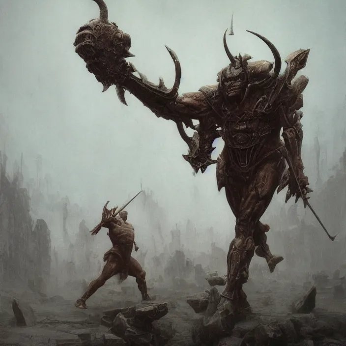 Image similar to minotaur in ancient armor, muscular body, beksinski, wayne barlowe, adrian smith fantasy art, ruan jia, trending on artstation