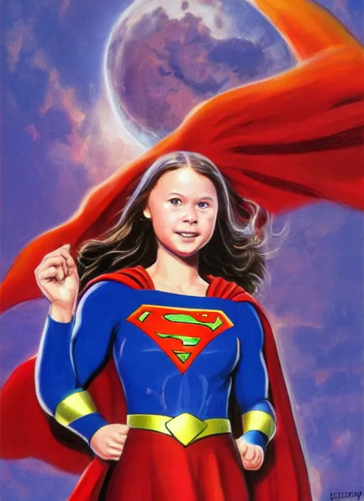 Image similar to greta thunberg as supergirl, artwork by earl norem, detailed digital art, trending on Artstation