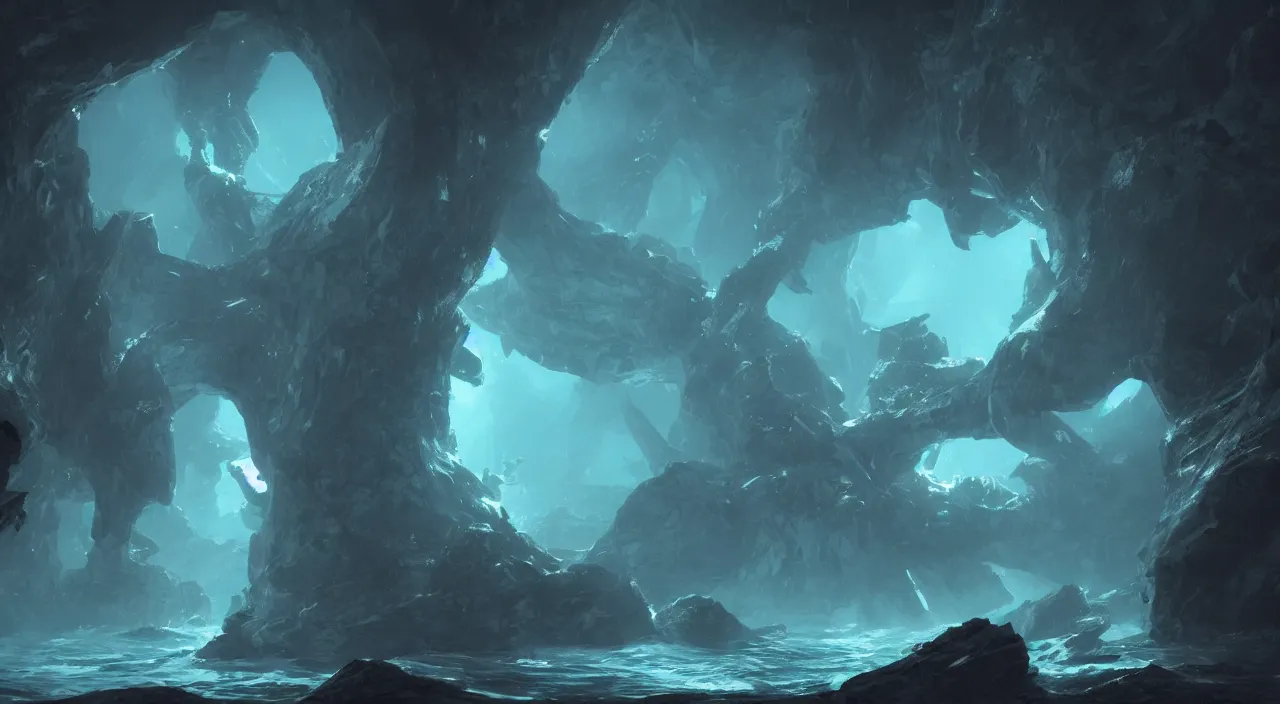 Image similar to Underwater luminescent cave with Leviathans, eerie, emotion, moody, concept art, cinematic