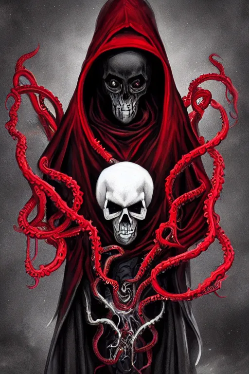 Image similar to A full body portrait of a mysterious character with a stylized skull with a very long hooded blood red and black cloak, tentacles coming out the ground art by Shaddy Safadi and Jason Chan, ominous, cosmic horror, trending on artstation, Ultra detailed, hyper realistic 4k