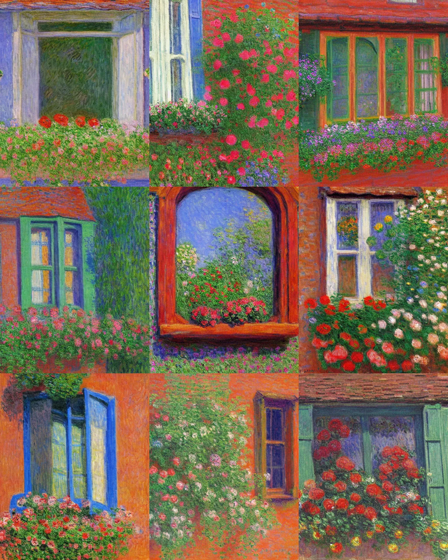 Prompt: window with flower box, timbered house with bricks, sunny, peaceful, by monet, frontal close up