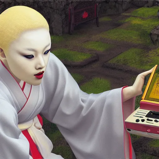 Image similar to young albino kitsune maiko playing gameboy by hiroaki samura, unreal engine octane, red highlights, portrait,detailed,