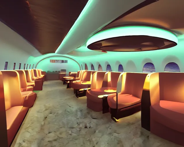 Prompt: Bar and nightclub inside a widebody plane with neon lights and sofas, digital rendering, unreal engine 5