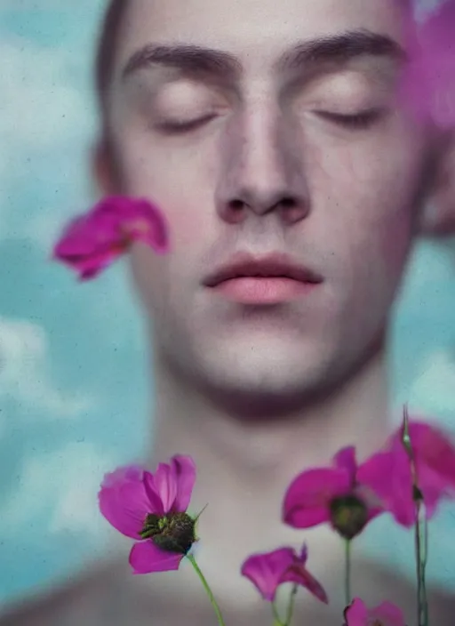 Prompt: Kodak Portra 400, 8K,ARTSTATION, Caroline Gariba, soft light, volumetric lighting, highly detailed, britt marling style 3/4 , extreme Close-up portrait photography of a Dorian Electra hiding in flowers how pre-Raphaelites with his eyes closed,inspired by Ophelia paint, his face is above water Pamukkale, raining, crying face above water in bubbles, hair are intricate with highly detailed realistic , Realistic, Refined, Highly Detailed, interstellar outdoor soft pastel lighting colors scheme, outdoor fine photography, Hyper realistic, photo realistic