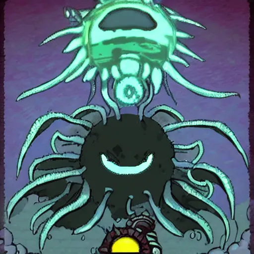 Image similar to Eye of Cthulhu from Terraria appearing as a Hollow Knight boss