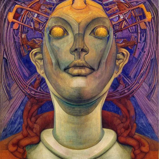 Image similar to the robot queen, by annie swynnerton and diego rivera and lucien freud and jean delville, symbolist, dramatic lighting, elaborate geometric ornament, head and shoulders view, art brut, soft pastel colors, smooth, sharp focus, extremely detailed, adolf wolfli, leo and diane dillon, nicholas roerich