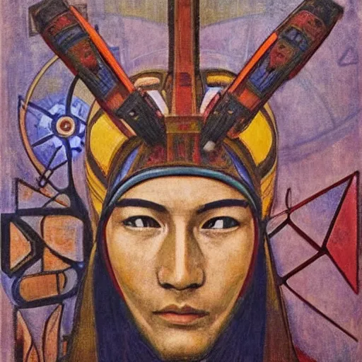 Image similar to head of a beautiful machine shaman wearing a mask made of metal flowers, by annie swynnerton and nicholas roerich and jean delville and john watkiss, art deco shaman, stylized geometric flowers, art brut, symbolist, dramatic lighting, god rays, iridescent beetles, clean crisp graphics, smooth sharp focus, extremely detailed, adolf wolfli