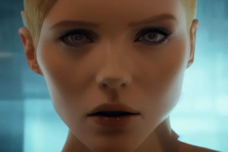 Prompt: a still from bladerunner 2 0 4 9 depicting a medium shot photograph of a beautiful woman with blonde hair emerging from a futuristic immortality machine. she stares intently into the camera with a hungry expression. sci fi, futuristic, cinematic, low light, soft focus, rebirth, phoenix from the ashes metaphor.