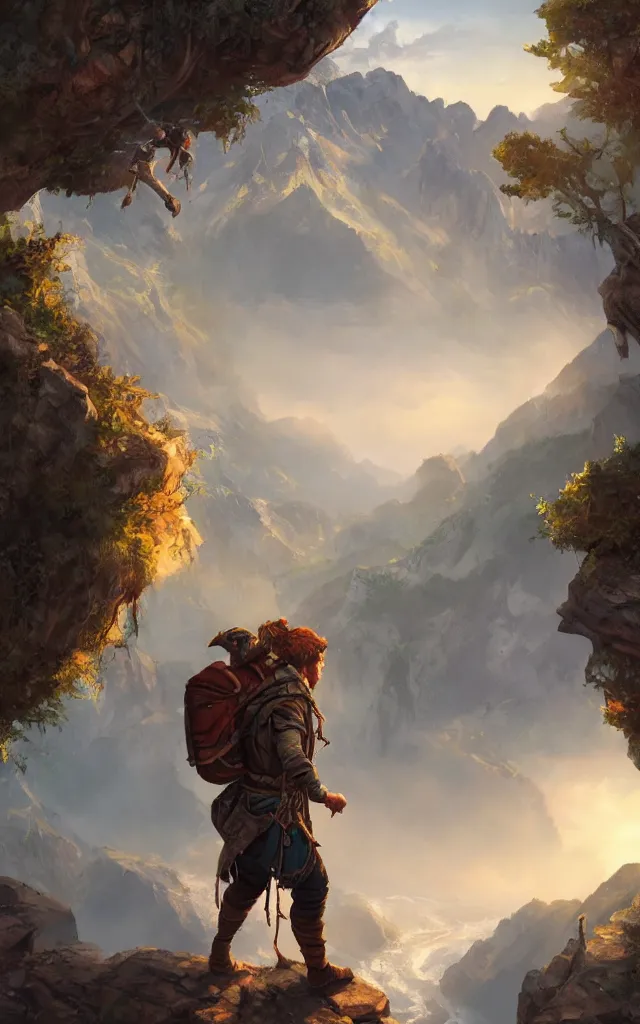 Image similar to an oil art painting of young handsome fool adventurer with adventurer hiking backpack, grim gwent card, gipsy mage adventurer character design from inquisition, climbing up a cliffside, 4 k, ultra detail, volumetric lighting, unreal engine, octane render