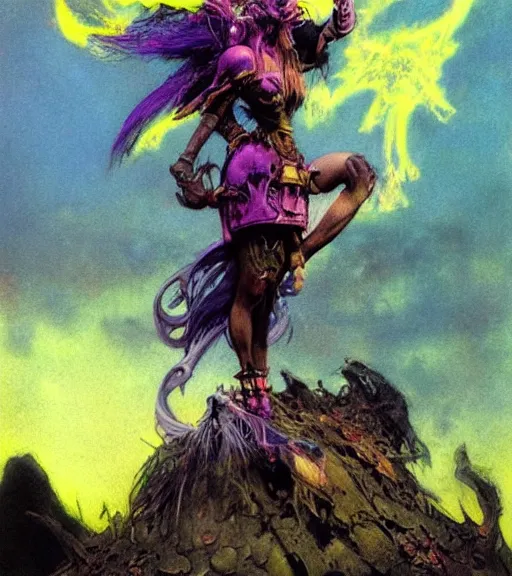 Image similar to evil princess of the wasteland, scrap metal headdress, strong line, vivid neon color, yellow purple, cloudy sky, beautiful! coherent! by brian froud, by frank frazetta, low angle