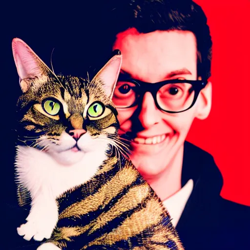 Image similar to portrait of neil cicierega holding his cat in the dark, red lighting, black background, their right eyes have lens flares, it's dark
