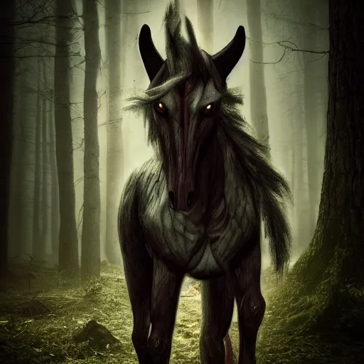 Image similar to werecreature consisting of a horse and a human, featured on artstation, photograph captured in a dark forest