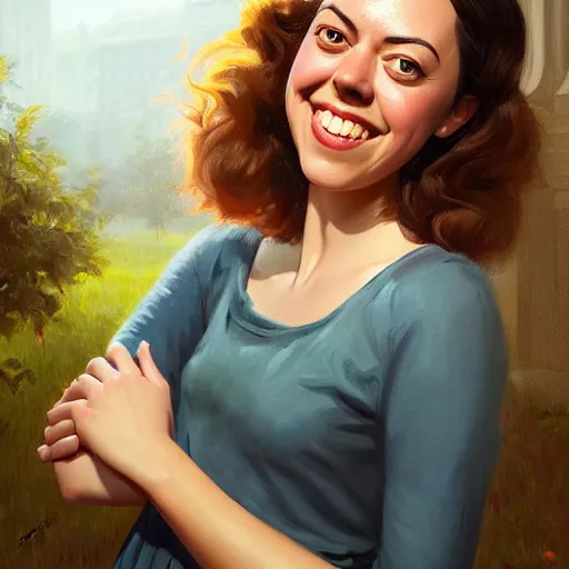 Image similar to portrait painting of aubrey plaza age 2 5, bright and energetic, with a sweet smile and floofy hair, render cinematic lighting art 1 9 2 0 period drama by bussiere rutkowski andreas rocha