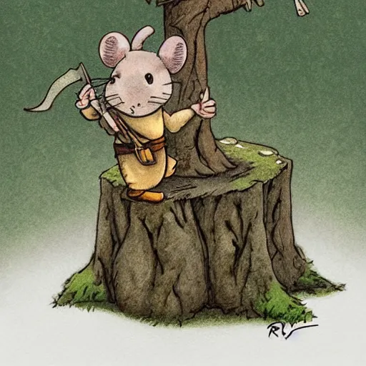 Prompt: a mouse with a sword sits on a stump, deep forest, by rivuletpaper, rivuletpaper art, MouseGuard by David Petersen, small details, realistic illustration,