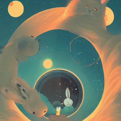 Image similar to A rabbit full of hope, looking for a black hole in an infinite time loop by Victo Ngai and Ghibli andlisk feng and atey ghailan
