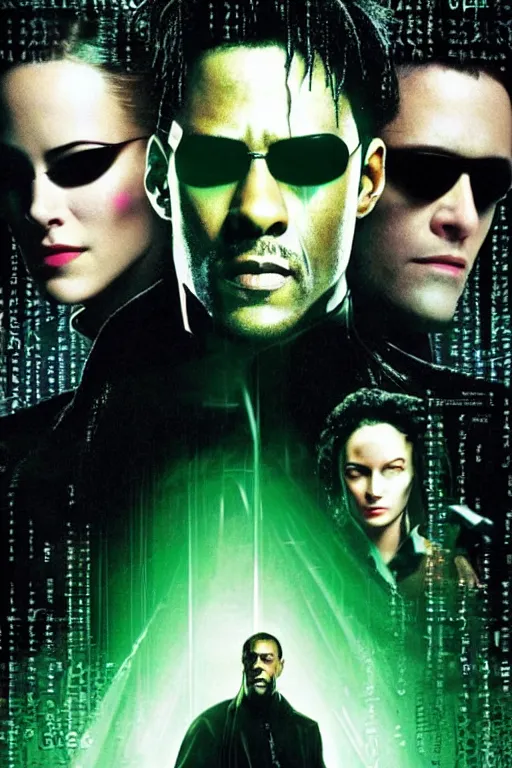 Prompt: a movie poster portrait taken from the matrix movie featuring ( idris elba ) with long black dreadlocks, wearing futuristic sun glasses and black leather trench coat, holding a futuristic gun, green matrix computer code and light beams flash in the background, extremely detailed, extremely symmetrical facial features, by kevin fiege 8 k