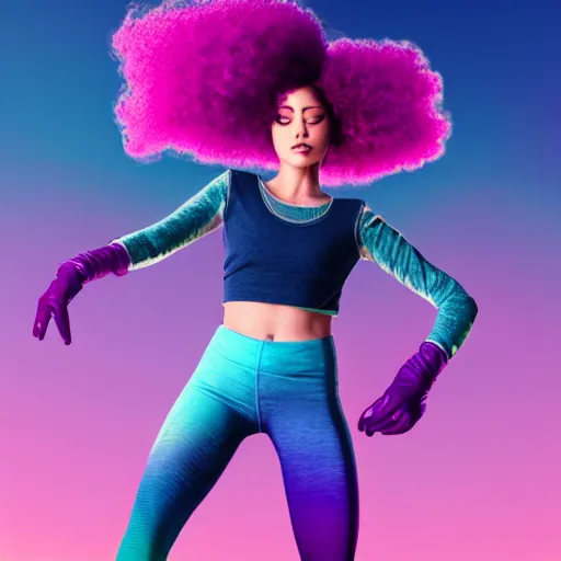 Prompt: a award winning full body shot of a beautiful woman in a croptop and gloves and leggings with a ombre purple pink teal hairstyle with head in motion and hair flying, outrun, vaporware, vivid colors, highly detailed, fine detail, intricate