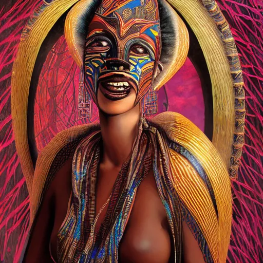 Prompt: a beautiful woman with an african mask, wearing an african dress, shaman, zulu, by alex gray and android jones, karol bak, ilya golitsyn, ayami kojima, amano, moebius, concept art, character design, fantasy, 3 d, 8 k resolution